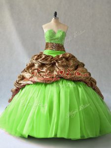 Brush Train Ball Gowns Vestidos de Quinceanera Strapless Organza and Printed Sleeveless Lace Up