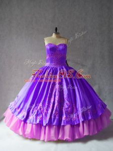Sleeveless Satin and Organza Floor Length Lace Up Quinceanera Gowns in Purple with Embroidery
