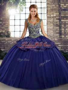 Purple Ball Gowns Tulle Straps Sleeveless Beading and Appliques Floor Length Lace Up Ball Gown Prom Dress