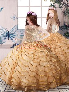 Lovely Gold Kids Pageant Dress Party and Sweet 16 and Wedding Party with Beading and Ruffled Layers Straps Sleeveless Court Train Lace Up