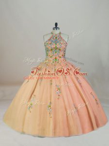 Designer Peach Lace Up Halter Top Appliques and Embroidery Sweet 16 Dress Tulle Sleeveless Brush Train