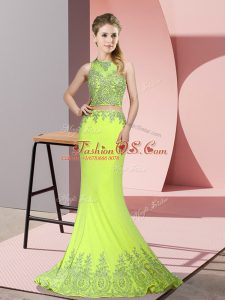Eye-catching Yellow Green Zipper Homecoming Dress Beading and Appliques Sleeveless Sweep Train