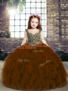 Fashion Sleeveless Tulle Floor Length Lace Up Little Girl Pageant Gowns in Brown with Beading and Ruffles