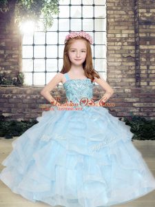 Custom Design Floor Length Ball Gowns Sleeveless Light Blue Pageant Gowns For Girls Lace Up