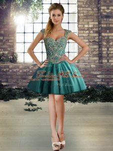 High End Teal Straps Neckline Beading Prom Dresses Sleeveless Lace Up