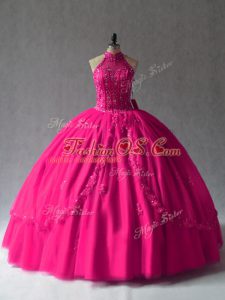 Fuchsia Ball Gowns Halter Top Sleeveless Tulle Floor Length Lace Up Appliques Sweet 16 Dresses