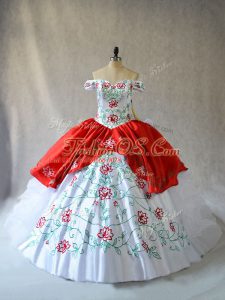 Fashion White And Red Lace Up Off The Shoulder Embroidery and Ruffled Layers 15 Quinceanera Dress Organza Sleeveless