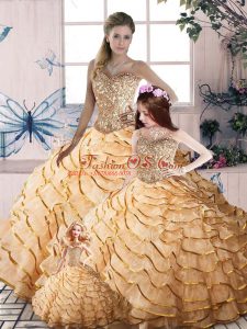Popular Brush Train Ball Gowns 15 Quinceanera Dress Champagne Sweetheart Organza Sleeveless Lace Up