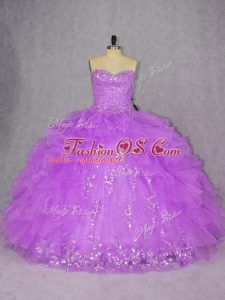 Cheap Purple Sweetheart Neckline Appliques and Ruffles Ball Gown Prom Dress Sleeveless Lace Up