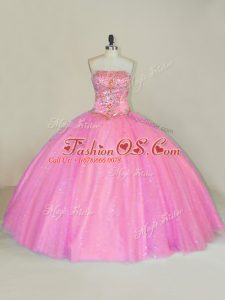 Strapless Sleeveless Sweet 16 Dress Floor Length Beading Pink Tulle