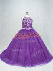 Glittering Sleeveless Beading Lace Up Sweet 16 Quinceanera Dress with Purple Brush Train