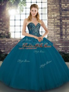 Modest Sleeveless Floor Length Beading and Appliques Lace Up Ball Gown Prom Dress with Blue