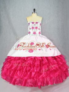 Hot Pink Sweet 16 Dresses Sweet 16 and Quinceanera with Embroidery and Ruffled Layers Sweetheart Sleeveless Lace Up