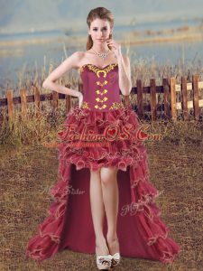 Burgundy Ball Gowns Embroidery and Ruffles Evening Dress Lace Up Organza Sleeveless High Low
