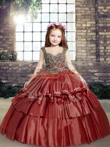 Hot Sale Floor Length Lace Up Girls Pageant Dresses Red for Party and Wedding Party with Beading