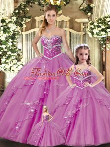 Decent Floor Length Lace Up Sweet 16 Dress Lilac for Sweet 16 and Quinceanera with Beading