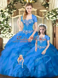 Great Blue Lace Up Sweetheart Beading and Ruffles 15 Quinceanera Dress Tulle Sleeveless