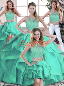 Charming Turquoise Tulle Zipper Sweet 16 Dress Sleeveless Floor Length Beading and Ruffles