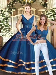 Navy Blue Tulle Backless V-neck Sleeveless Floor Length 15th Birthday Dress Beading and Ruffled Layers