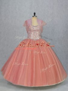 Customized Watermelon Red Tulle Lace Up Sweetheart Sleeveless Floor Length Quince Ball Gowns Beading