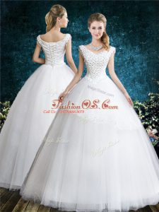 Sleeveless Tulle Floor Length Lace Up Wedding Dresses in White with Lace and Appliques