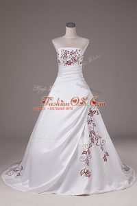 Popular Brush Train Ball Gowns Wedding Gown White Strapless Satin Sleeveless Lace Up