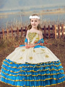 Hot Sale Baby Blue Sleeveless Beading and Embroidery and Ruffled Layers Floor Length Pageant Dress for Girls