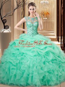 Sleeveless Floor Length Beading and Ruffles Lace Up Ball Gown Prom Dress with Apple Green