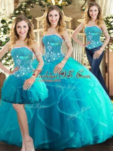 Wonderful Strapless Sleeveless Tulle Quinceanera Gowns Beading and Ruffles Lace Up
