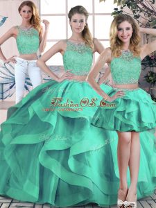 Turquoise Scoop Neckline Beading and Ruffles Vestidos de Quinceanera Sleeveless Zipper