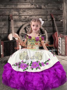 Sleeveless Floor Length Beading and Embroidery and Ruffles Lace Up Little Girls Pageant Dress Wholesale with Purple
