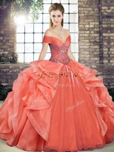 Organza Off The Shoulder Sleeveless Lace Up Beading and Ruffles Vestidos de Quinceanera in Orange Red