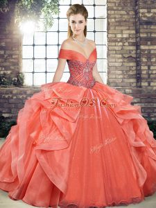 Organza Off The Shoulder Sleeveless Lace Up Beading and Ruffles Vestidos de Quinceanera in Orange Red