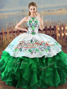 Lovely Organza Halter Top Sleeveless Lace Up Embroidery and Ruffles 15 Quinceanera Dress in Green