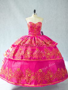 Amazing Hot Pink Ball Gowns Sweetheart Sleeveless Organza Lace Up Embroidery and Ruffled Layers Quinceanera Dresses