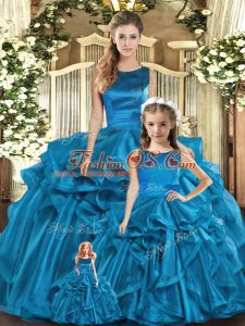 Custom Design Teal Sleeveless Organza Lace Up Sweet 16 Quinceanera Dress for Military Ball and Sweet 16 and Quinceanera
