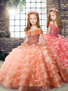 Orange Organza Lace Up Kids Formal Wear Long Sleeves Brush Train Beading and Ruffled Layers