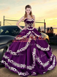 Spectacular Purple Ball Gowns Embroidery and Ruffled Layers Quinceanera Dress Lace Up Satin Sleeveless Floor Length