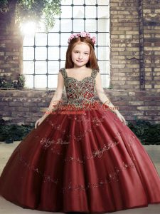Red Lace Up Straps Beading Girls Pageant Dresses Tulle Sleeveless