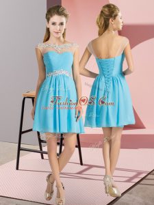 Chiffon Bateau Cap Sleeves Lace Up Beading Quinceanera Dama Dress in Aqua Blue