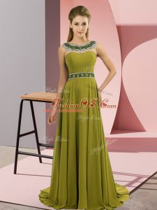 Simple Sleeveless Chiffon Brush Train Zipper in Olive Green with Beading