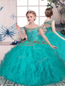 Sleeveless Tulle Floor Length Lace Up Pageant Dresses in Teal with Beading