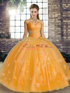 Enchanting Tulle Off The Shoulder Sleeveless Lace Up Beading and Appliques 15th Birthday Dress in Orange