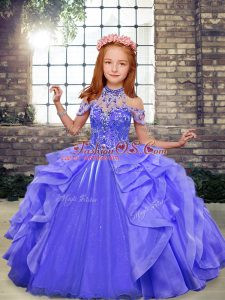 Trendy Sleeveless Organza Floor Length Lace Up Kids Formal Wear in Blue with Beading and Ruffles
