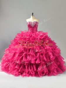 Hot Pink Sleeveless Floor Length Beading and Ruffles Lace Up Ball Gown Prom Dress