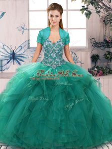 Fabulous Tulle Off The Shoulder Sleeveless Lace Up Beading and Ruffles 15 Quinceanera Dress in Turquoise