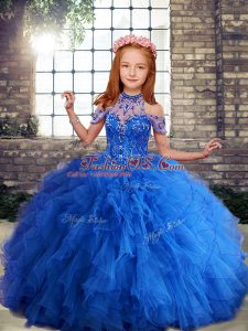 Blue Ball Gowns High-neck Sleeveless Tulle Floor Length Lace Up Beading and Ruffles Winning Pageant Gowns