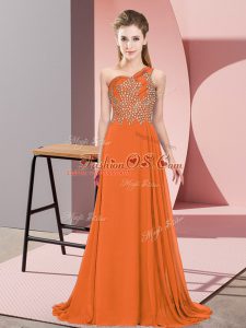 Clearance Orange Empire One Shoulder Sleeveless Chiffon Floor Length Side Zipper Beading Prom Dresses