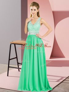 Fabulous Apple Green Chiffon Backless Evening Outfits Sleeveless Floor Length Beading and Lace and Appliques