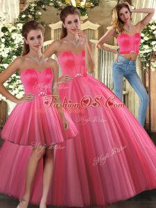 Pretty Sweetheart Sleeveless Quinceanera Gowns Floor Length Beading Coral Red Tulle